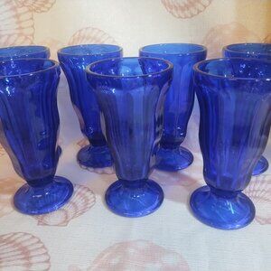 Vintage Cobalt Blue Sundae Glasses Set of 7  Mid-Century Ice Cream Parfait Glass